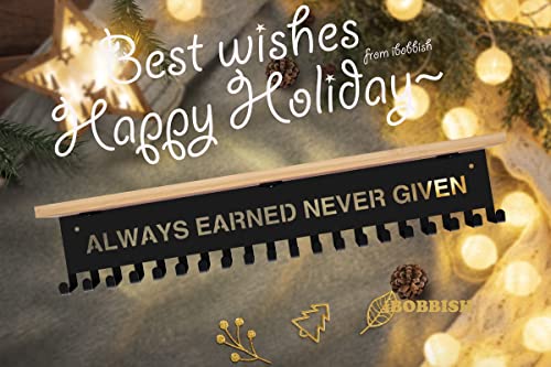 ALWAYS EARNED NEVER GIVEN Trophy and Medal Hanger Display Shelf,Soccer Trophy Shelf with 20 hooks for Medals,Sturdy Soccer Trophy Shelf in Black Metal Wall Mount Over big Medals Trophy Display Shelf