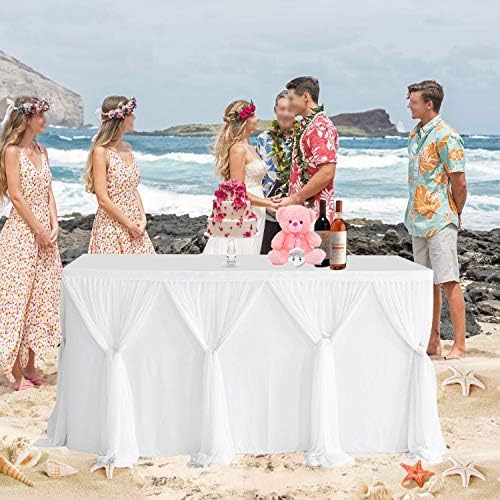 Suppromo White Tulle Table Skirts for Rectangle Tables 6ft for Wedding Birthday Party Bridal Shower White Tutu Ruffle Table Cloth for Cake Dessert Buffet Banquet Dinner Table Decorations