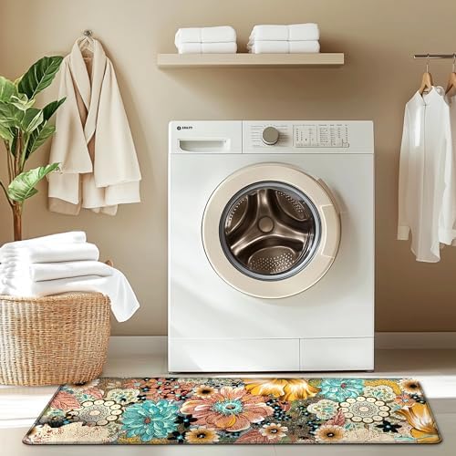 Kitchen Mats for Floor Cushioned Anti Fatigue Sets of 2 Boho Floral Kitchen Rugs Non Slip Waterproof Memory Foam Kitchen Floor Mats Padded Comfort Standing Mat Rug for Sink Laundry Office