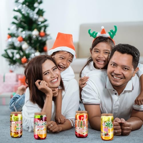 Sliner 8 Pcs 18oz Christmas in July Mason Jar Cups Summer Christmas Gift Mug with Lid and Straw Yulefest Tumbler Glasses Coffee Cups Jar Water Glassware Home Yuletide Decorations Gift for Women Men