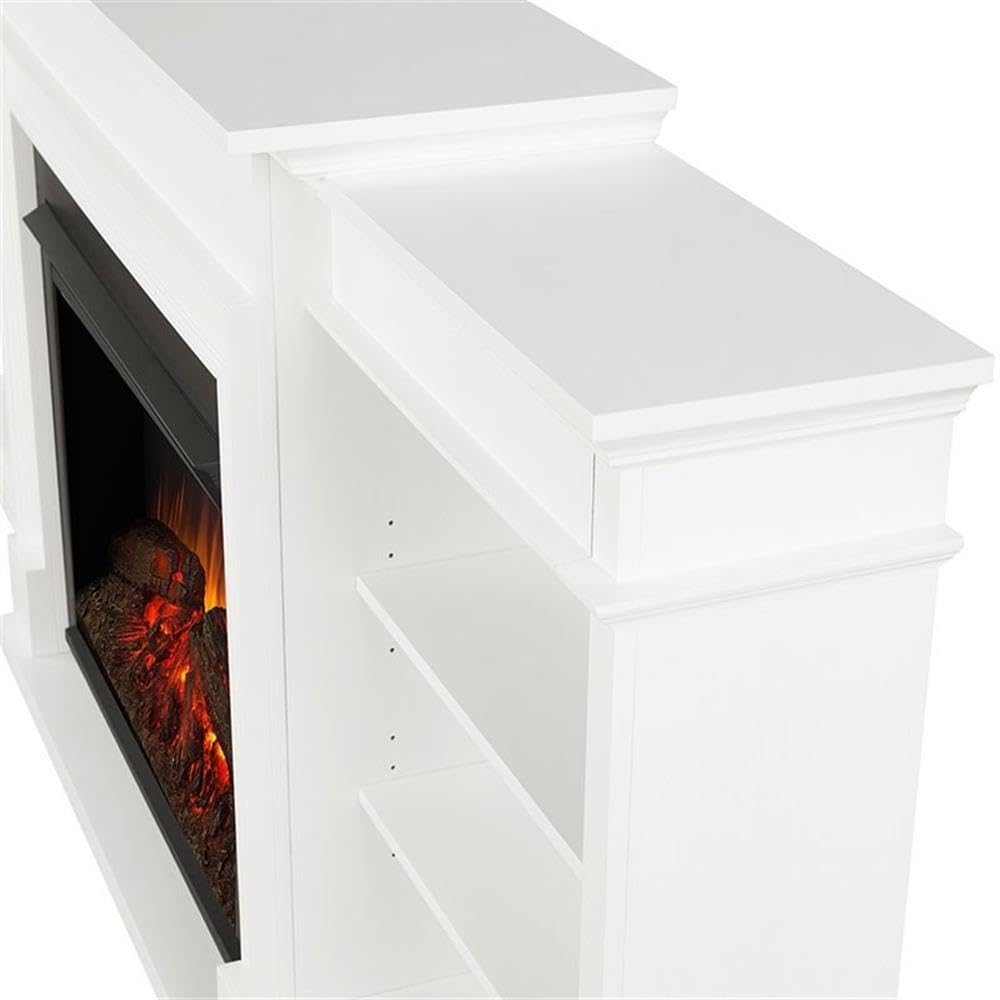 Bowery Hill 92" W Modern Wood Electric Fireplace TV Stand with Mantel & Remote Control, 6-Feet Power Cord and Hardware, 5 Flame Brightness Levels, for TVs up to 85", in White & Black Finish
