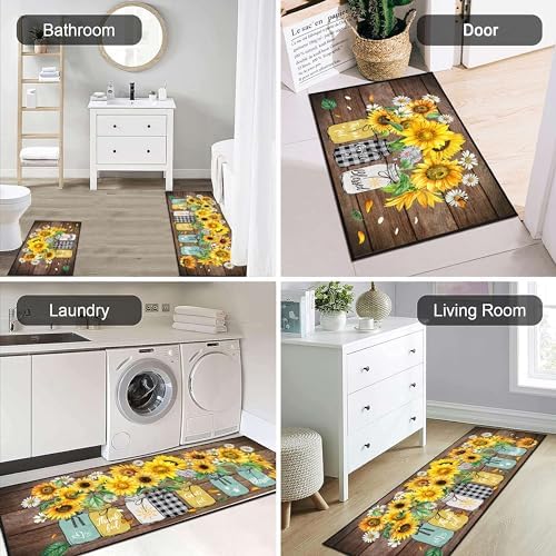 Sunflower Kitchen Decor Rug 2 Piece Set, Summer Country Farmhouse Style Kitchen Floor Mat, Absorbent and Washable Runner Decorations Rug 17×30+17×47 Inches