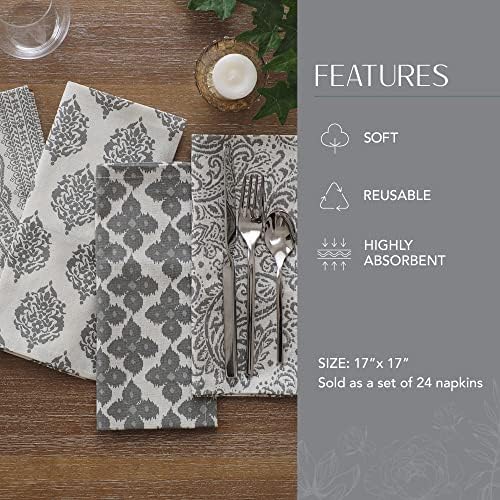 Elrene Home Fashions Everyday Casual Prints Assorted Fabric Napkins, Decorative Cloth Napkins and Table Accessories, 17" X 17", Gray, Set of 24