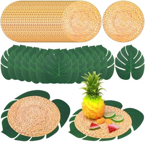 50 Pack Havana Night Party Luau Placemats and Palm Placemat, Round Luau Wooden Placemats Tropical Palm Leaf Place Mats Bulk Table Paper Mat for Summer Spring Fall Wedding Dinner