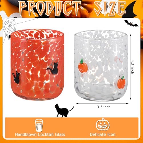 Skylety 2 Pcs Halloween Icon Juice Glasses - Orange Pumpkin & Black Cat Icon Stemless Coffee Cocktail Glassware Cup for Halloween Fall Thanksgiving Party Gift