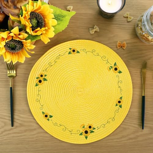 Feuille Sunflower Placemats Set of 4 Round Summer Placemats for Dining Table Yellow Placemats Hello Sunshine Table Mats Perfect for Spring Decorations