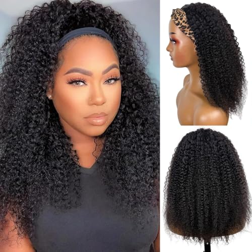 Kinky Curly Headband Wig Human Hair 20 Inch Headband Wigs for Women Human Hair Glueless None Lace Front Curly Wave Wigs Brazilian Virgin Hair Wear and Go Glueless Wig 150% Density Natural Black Color