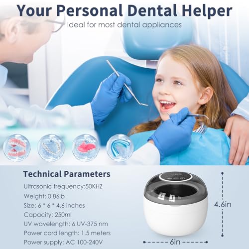Ultrasonic Retainer Cleaner Machine, 2025 Upgrade 50kHz Portable Ultra Sonic Dental Cleaning Pod for Denture, Mouth Guard, Night Guard, Braces - 250ml Ultrasonic Cleaner Machine with 4 Digital Timer