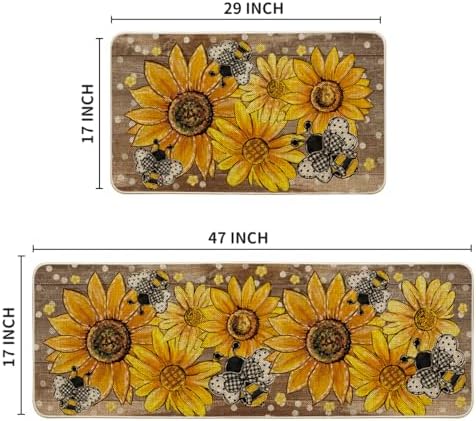 Artoid Mode Bee Sunflower Daisy Spring Kitchen Mats Set of 2, Summer Home Decor Low-Profile Kitchen Rugs for Floor - 17x29 and 17x47 Inch