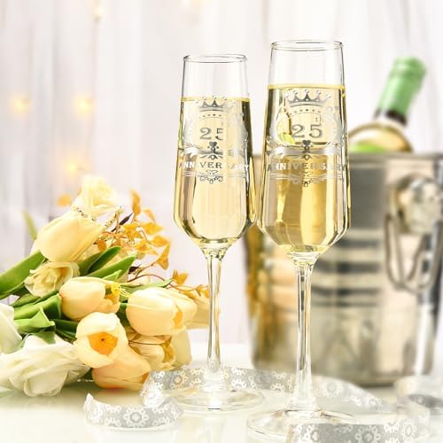 ROXBURGH 25th Wedding Anniversary Champagne Flutes Present Rhinestones Studded, 25th Anniversary Decorations 7 OZ Crystal Champagne Glasses Set of 2, Wedding Present, Couples
