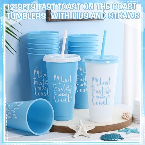 Domensi 12 Pcs Last Toast on the Coast Bachelorette Party Plastic Cups with Lids and Straws 24 oz Bachelorette Party Tumbler Cups for Bride Bridesmaid Last Toast on the Coast Gifts