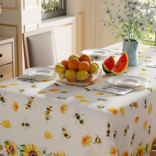 Yellow Sunflower White Daisy Bees Honey Summer Tablecloth Rectangle Washable Table Covers for Indoor Outdoor Dining Home Party Decorations 60x84 Inch