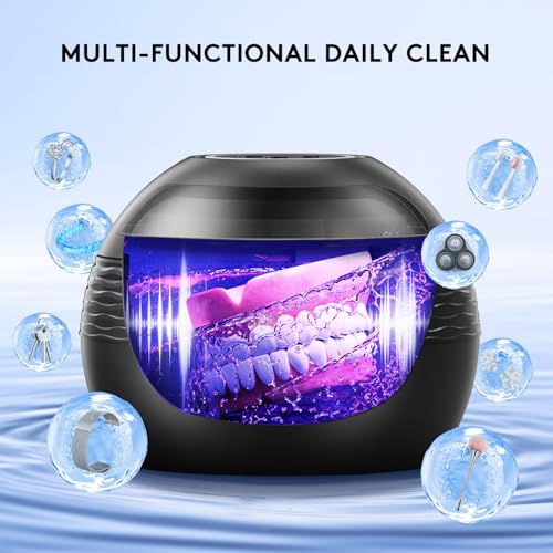 Ultrasonic Retainer Cleaner Machine - 45kHz Sonic Dental Cleaning Pod for Denture Mouth Guard, 200ML 4 Timer Modes Portable Ultrasonic Denture Cleaner for Dental Appliances, Aligner, Jewelry (Black)