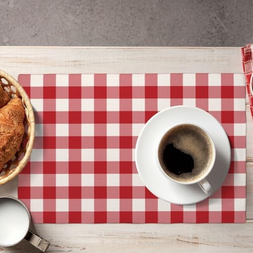 Red and White Buffalo Check Plaid Placemats Set of 4, 12x18 Inch Waterproof Stain Resistant Linen Table Placemats Farmhouse Kitchen Party Decor Home Décor