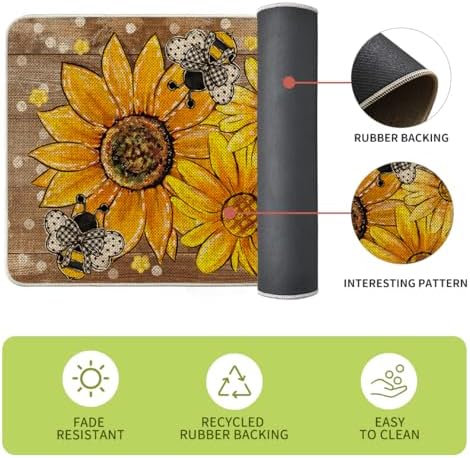 Artoid Mode Bee Sunflower Daisy Spring Kitchen Mats Set of 2, Summer Home Decor Low-Profile Kitchen Rugs for Floor - 17x29 and 17x47 Inch