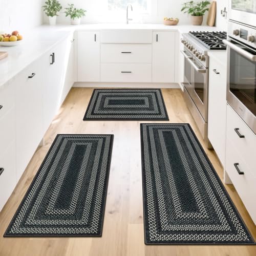 HEBE Washable Kitchen Rugs Sets of 3, Non Slip Absorbent Kitchen Rugs and Mats, Farmhouse Stain Resistant Faux Jute Kitchen Mat Carpet Runner for Kitchen Floor, Laundry Room, Hallway, Black/Grey