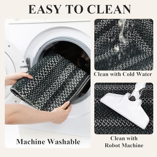 HEBE Washable Kitchen Rugs Sets of 3, Non Slip Absorbent Kitchen Rugs and Mats, Farmhouse Stain Resistant Faux Jute Kitchen Mat Carpet Runner for Kitchen Floor, Laundry Room, Hallway, Black/Grey