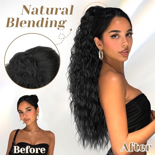 KooKaStyle Ponytail Extension 30 Inch Drawstring Pony Tails Hair Extensions for Women Long Curly Ponytail Synthetic Hairpieces for Daily Use(Black-1B)