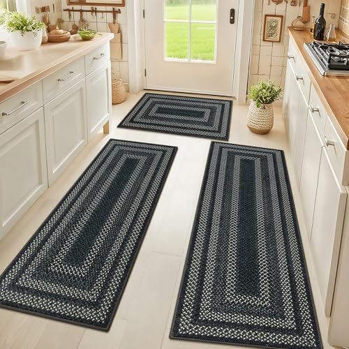 HEBE Washable Kitchen Rugs Sets of 3, Non Slip Absorbent Kitchen Rugs and Mats, Farmhouse Stain Resistant Faux Jute Kitchen Mat Carpet Runner for Kitchen Floor, Laundry Room, Hallway, Black/Grey