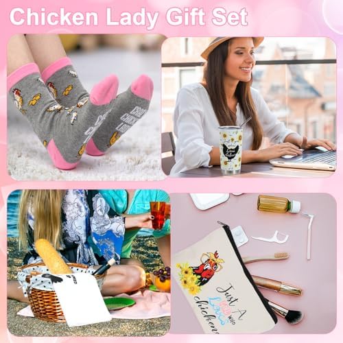 Kolewo4ever Chicken Lady Gifts Set Chicken Tumbler Cosmetic Bag Kitchen Towel Keychain Earrings Socks Charm Bracelet Notepad