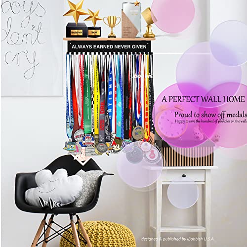 ALWAYS EARNED NEVER GIVEN Trophy and Medal Hanger Display Shelf,Soccer Trophy Shelf with 20 hooks for Medals,Sturdy Soccer Trophy Shelf in Black Metal Wall Mount Over big Medals Trophy Display Shelf