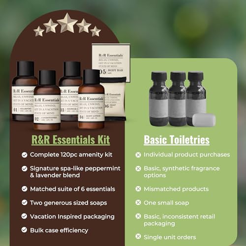 R&R Essentials Hotel Soaps and Toiletries Bundle, Vacation Home Amenities Kit - 1.5oz Shampoo, Conditioner, Shower Gel, Lotion And 2 Bar Soaps - Travel Size (120 pc)