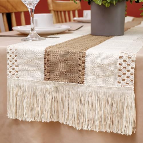 OurWarm Boho Coffee Table Runner for Living Room, 108 inches Long Macrame Spring Runner for Table, Farmhouse Dining Table Runner with Tassels for Bohemian Rustic Wedding, Bridal Shower (12x108 Inches)