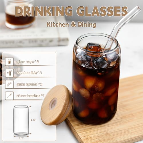 DWTS DANWEITESI Iced Coffee Cups with Lids 2 pcs,16 oz Glass Cups with Lids and Straws as Coffee Bar Accessories,Beer Drinking Glasses,Reusable Glass Tumbler,Cute Coffee Cups for Coffee, Juice, Gifts