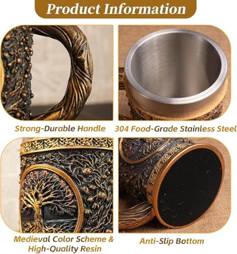 Original Handmade Viking Mug - 20oz Yggdrasil Tree of Life Beer Tankard - Stainless Steel Medieval Celtic Pirate Heavy Cup - Norse Mythology Decor Gifts for Men Women