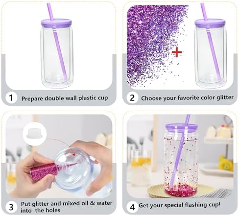 16 oz Acrylic Snow Globe Tumbler Snow Globe Cups Double Wall Snowglobe Tumbler with Pre Drilled Hole Clear Plastic Cups with Colorful Lids and Straws for Iced Coffee Boba Juice Soda 6 Pack