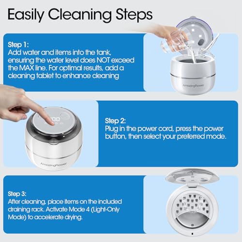 Ultrasonic Retainer Cleaner Machine, Upgraded 45kHz Ultrasonic Jewelry Cleaner for Ring, Aligner, Nightguard, Mouth Guard, Toothbrush Heads, Dental Cleaning Pod with 4 Lights