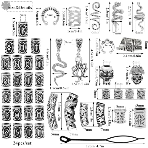Fscwlmon 207Pcs Viking Hair Jewelry Nordic Runes Tube Beads,Accessories Kit for Braids Dreadlock Beard Locs,Metal Clips Cuff Rings,Braiding Beard Decoration Bracelets Pendant Necklace DIY Silver