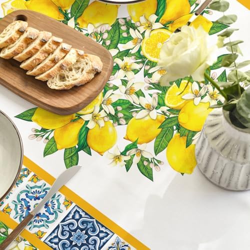 Horaldaily Summer Tablecloth 60×84 Inch Rectangular, White Yellow Lemon Vintage Pattern Washable Table Cover for Party Picnic Dinner Decor