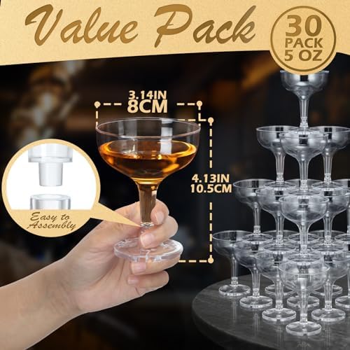 Zopeal 30 Pcs Champagne Coupe Glasses 5 oz Plastic Champagne Tower Disposable Martini Glasses Stackable Stemmed Margarita Coupe for Wedding Birthday Party Bar(Clear)