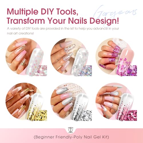 ROSALIND Poly Nail Gel Kit -20 Colors + 72Nail Art Accessories Kit, Nude Clear Poly Nail Gel Nail Kit Starter Kit with Big U V Lamp Slip Solution for Pink Nail Extensions Gel Dual Forms Nail Brush