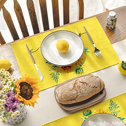 Artoid Mode Yellow Hello Sunshine Sunflower Summer Placemats for Dining Table, 12 x 18 Inch Spring Seasonal Holiday Decoration Rustic Vintage Washable Table Mats Set of 4