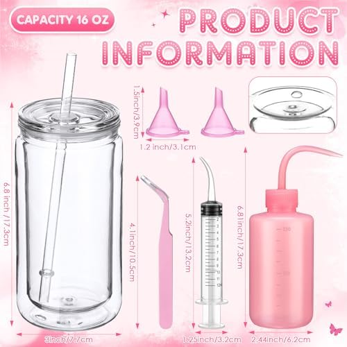 6 Pack Plastic Snow Globe Tumbler 16 Oz Pre Drilled Double Wall Clear Cups with Lid and Straw Squeeze Bottle Funnel Tweezer Bent Syringe for Glitter Snow Globe DIY Cup Making Supplies