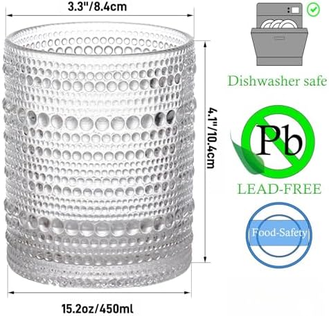Set of 4 Hobnail Drinking Glasses,15.2 Oz Romantic Water Glasses, Clear Embossed Design Vintage Glassware, Cocktail Glasses, Beaded Drinking Glasses for Water, Beer, Juice(15oz+4")