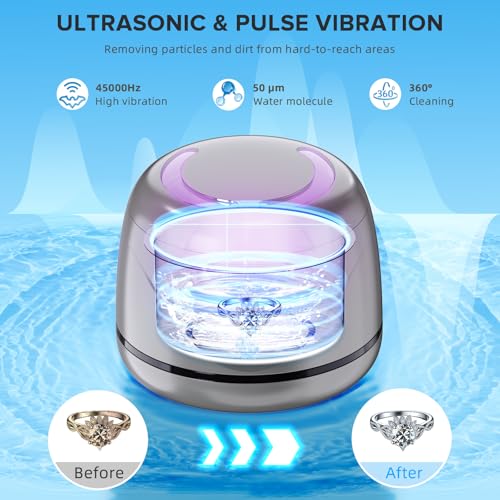 Ultrasonic Retainer Cleaner, 180ML/45kHz Portable Ultrasonic Jewelry Cleaner, Quiet Operation Ultrasonic Cleaner Machine for Dentures,Aligners,Mouth Guards,Night Guards (Gray)