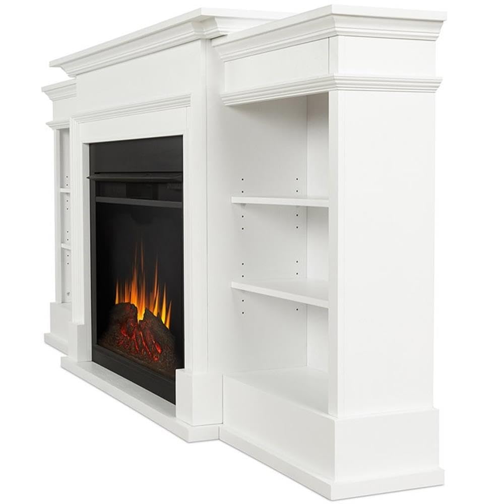 Bowery Hill 92" W Modern Wood Electric Fireplace TV Stand with Mantel & Remote Control, 6-Feet Power Cord and Hardware, 5 Flame Brightness Levels, for TVs up to 85", in White & Black Finish
