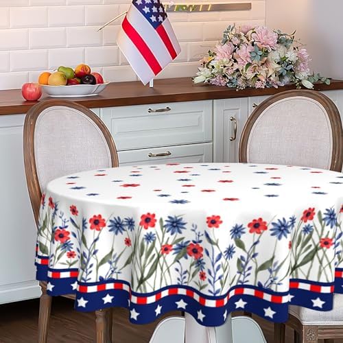 4th of July Round Tablecloth 60 Inch, Independence Day Tablecloth Memorial Day Table Cover American Red Blue Floral Decorative Patriotic Table Cover , Summer Seasonal Dinner Party Picnic Decoration