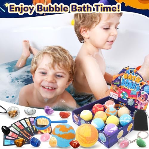 10 Pack Galaxy Bath Bombs for Kids with Surprise Toys Inside Organic Bubble Bath Bombs with Solar System Gemstones Easter Christmas Birthday Gift for Kids Boys Girls