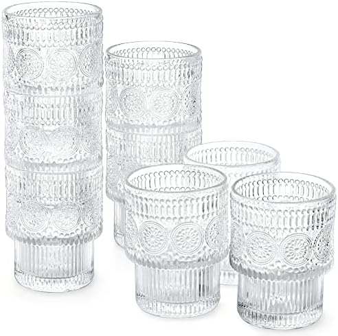 Kingrol Drinking Glasses Set of 8, 6.5 Ounces Stackbale Water Glasses, Vintage Glassware for Cocktail, Whiskey, Juice, Iced Coffee, Iced Tea, Bar Accessories