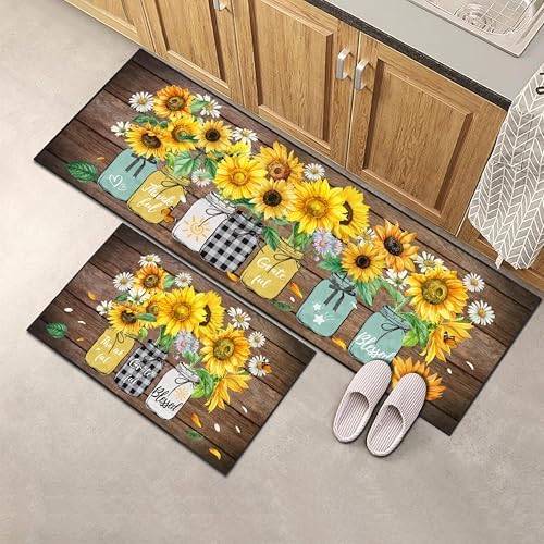 Sunflower Kitchen Decor Rug 2 Piece Set, Summer Country Farmhouse Style Kitchen Floor Mat, Absorbent and Washable Runner Decorations Rug 17×30+17×47 Inches