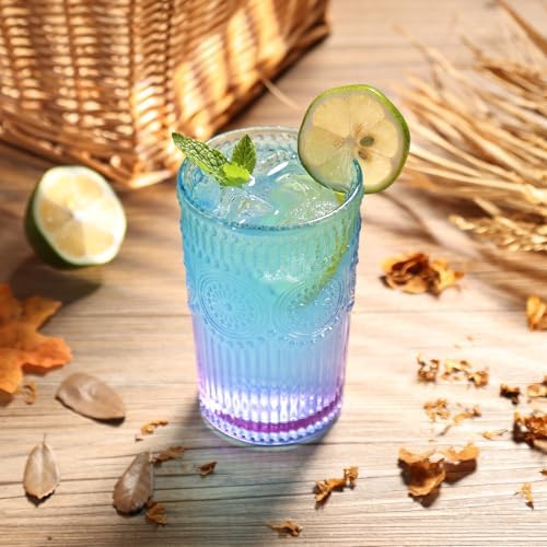 6pcs Vintage Drinking Glasses Set, 12 oz Glass Cups, Embossed Ribbed Glassware Water Tumblers for Cocktail, Water, Juice, Beer, Coffee, Whiskey