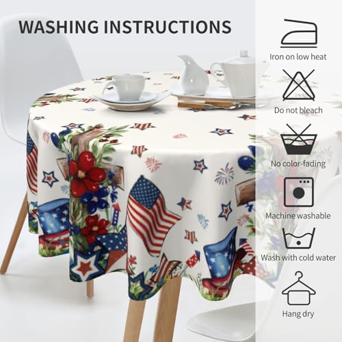 Star Floral Patriotic 4th of July Tablecloth Round 60 Inch Memorial Day American Flag Decorative Table Cloth Washable Wrinkle Stain-Resistant Independence Day Table Cover For Party Picnic Dinner
