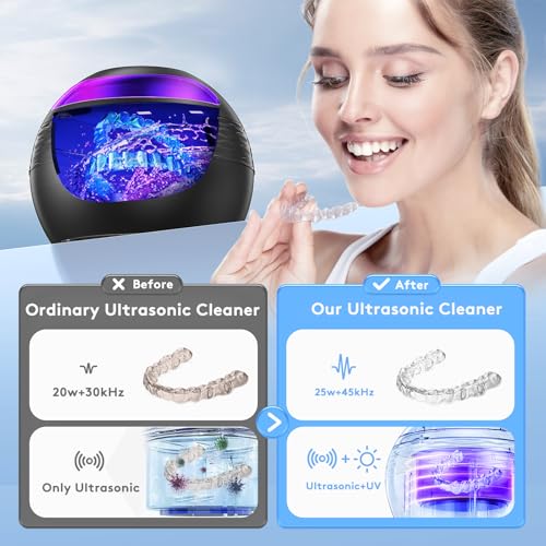 Ultrasonic Retainer Cleaner Machine - 45kHz Sonic Dental Cleaning Pod for Denture Mouth Guard, 200ML 4 Timer Modes Portable Ultrasonic Denture Cleaner for Dental Appliances, Aligner, Jewelry (Black)