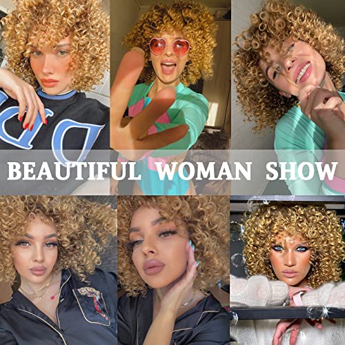 Xinran 14 inch Blonde Curly Wigs 70s, Kinky Brown Mixd Blonde Afro Wigs for Black Women, Synthetic Afro Curly Blonde Wigs for Women (Brown to Blonde)