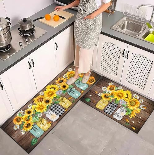 Sunflower Kitchen Decor Rug 2 Piece Set, Summer Country Farmhouse Style Kitchen Floor Mat, Absorbent and Washable Runner Decorations Rug 17×30+17×47 Inches