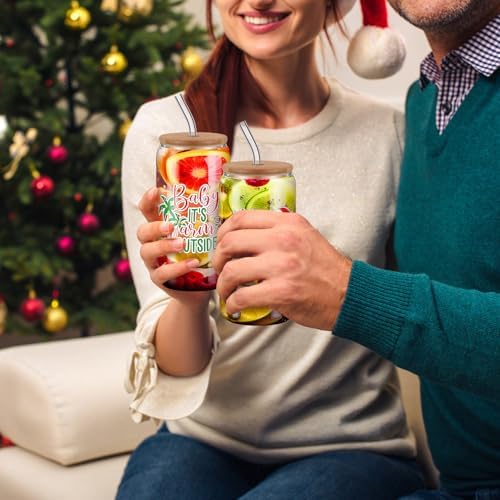 Sliner 8 Pcs 18oz Christmas in July Mason Jar Cups Summer Christmas Gift Mug with Lid and Straw Yulefest Tumbler Glasses Coffee Cups Jar Water Glassware Home Yuletide Decorations Gift for Women Men